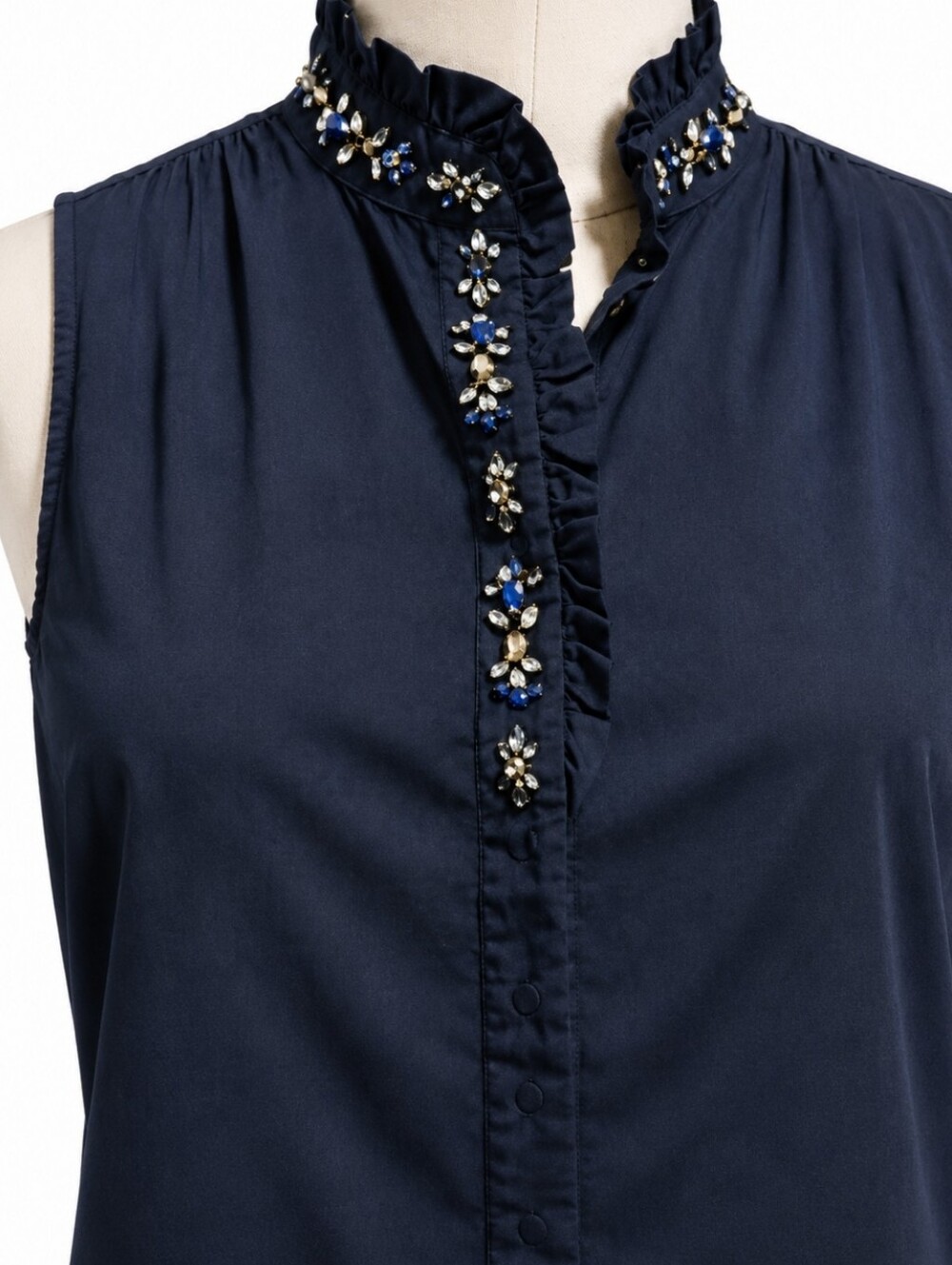 J.Crew Navy Embellished Sleeveless Blouse Rhinestone Placket L/12